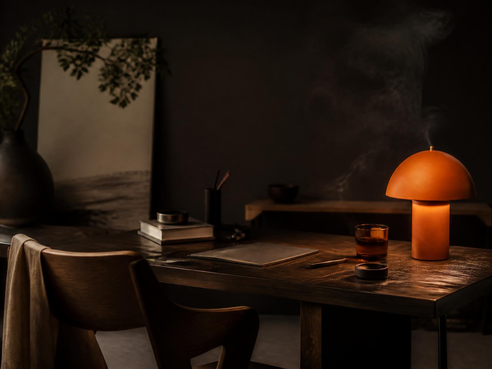 Warm boutique studio desk with an ember-toned lamp
